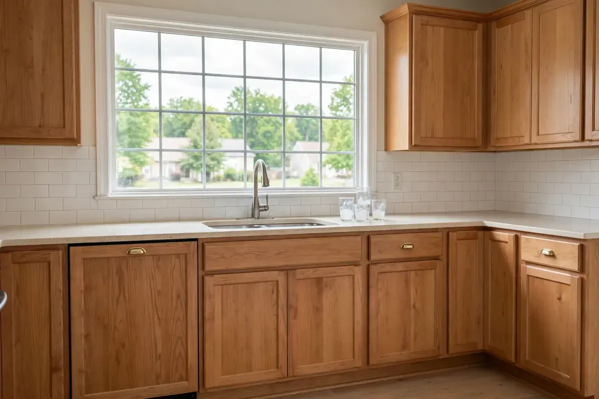 Kitchen sink and dishwasher with a glass of cloudy water residue on the counter