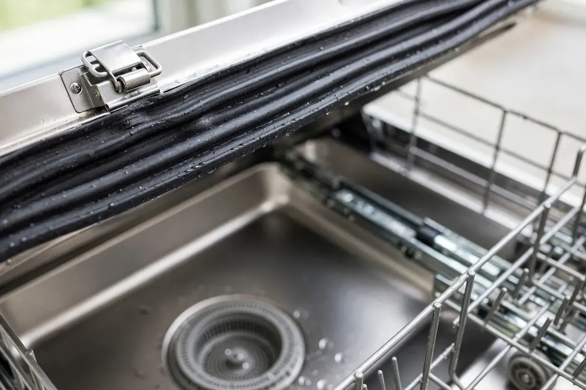 Dishwasher door latch and gasket with the lower rack pulled out