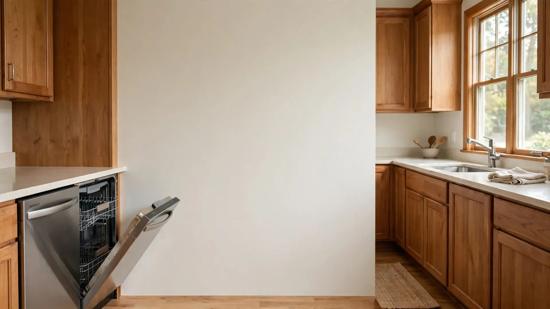 Open built in dishwasher with a clean rack in a bright Midwestern kitchen