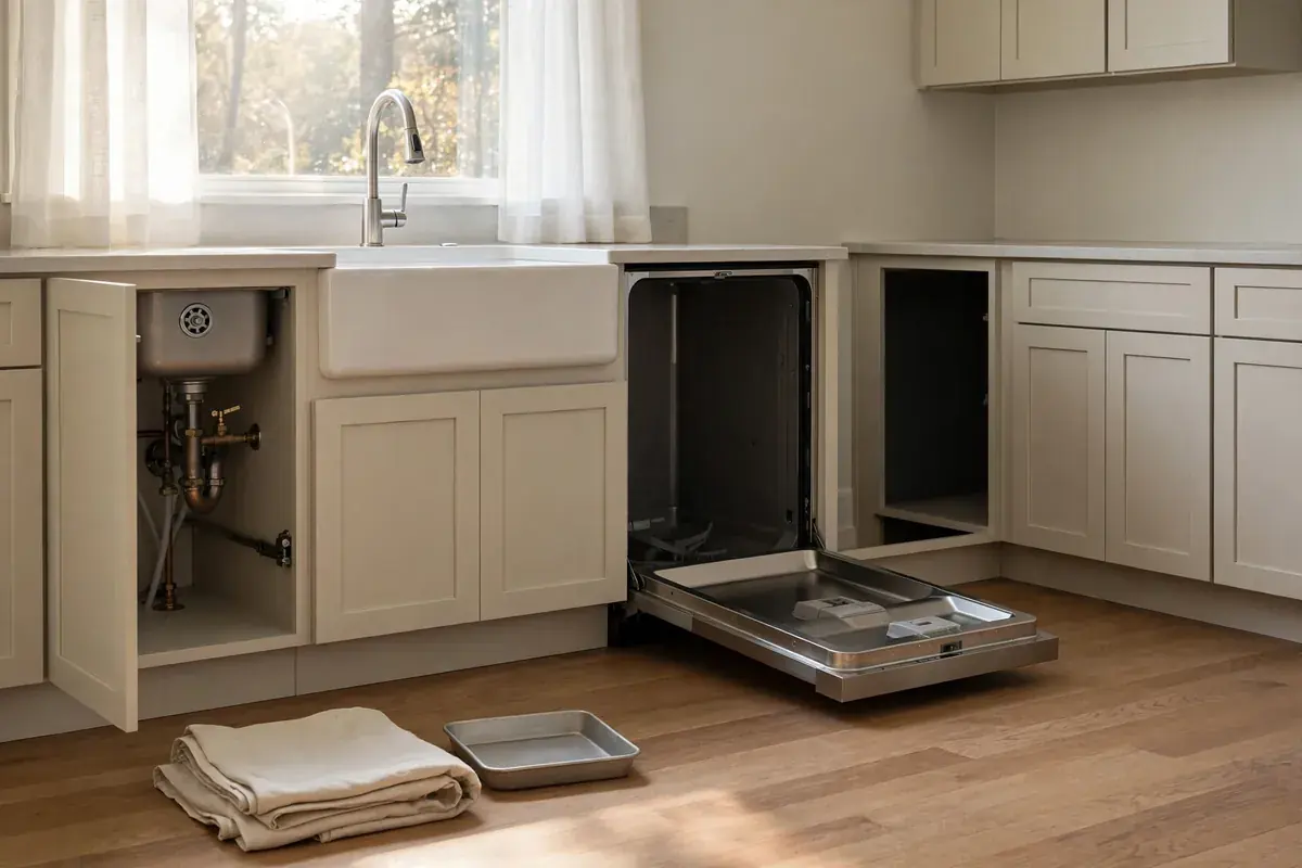 Dishwasher pulled partly out from the cabinet with a drop cloth on the floor