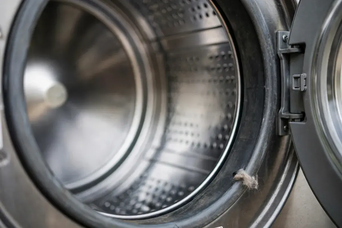 Open dryer door with an empty drum and the front drum rim in view