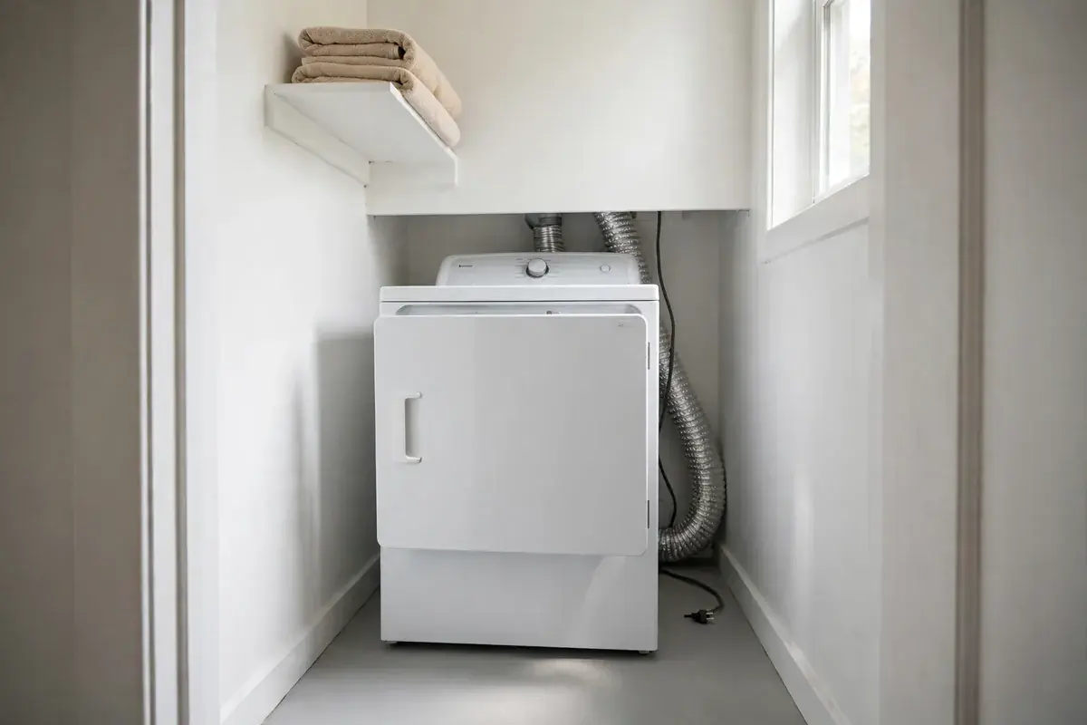 Dryer pulled forward from the wall in a laundry closet showing the back panel