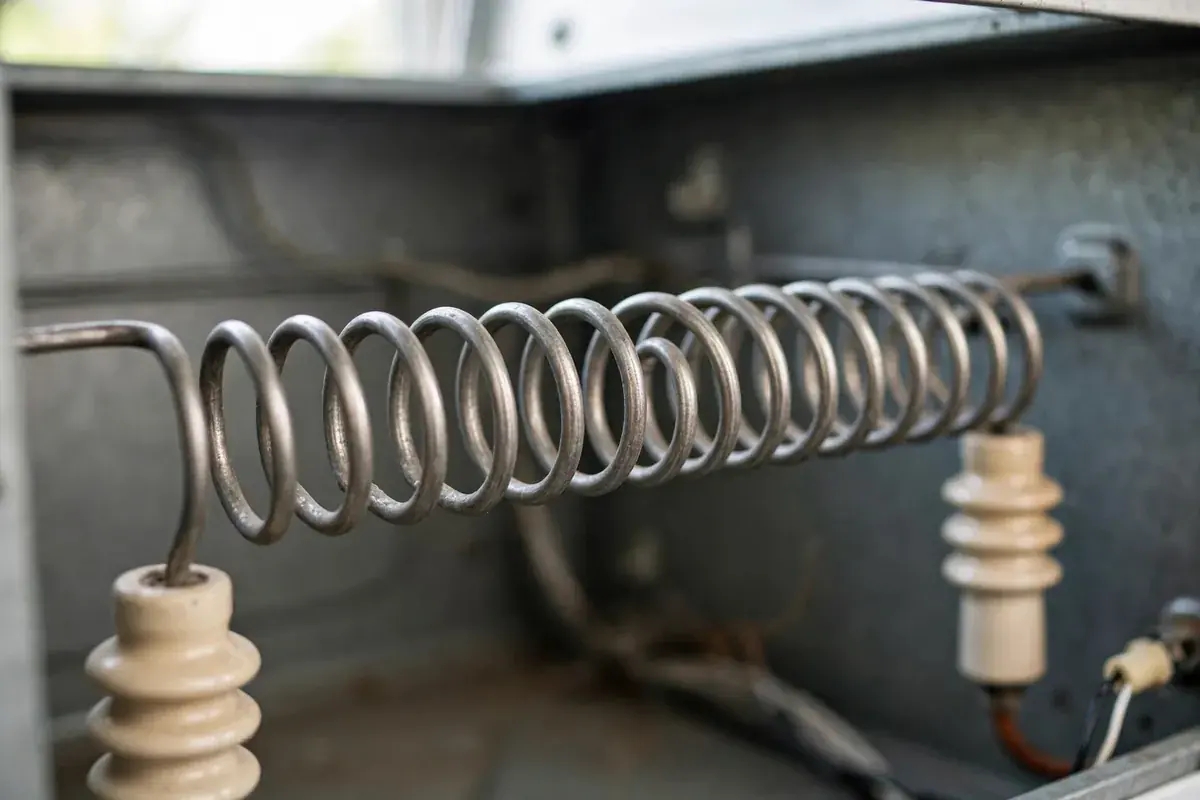 Exposed dryer heating element coil on its ceramic holders inside the cabinet