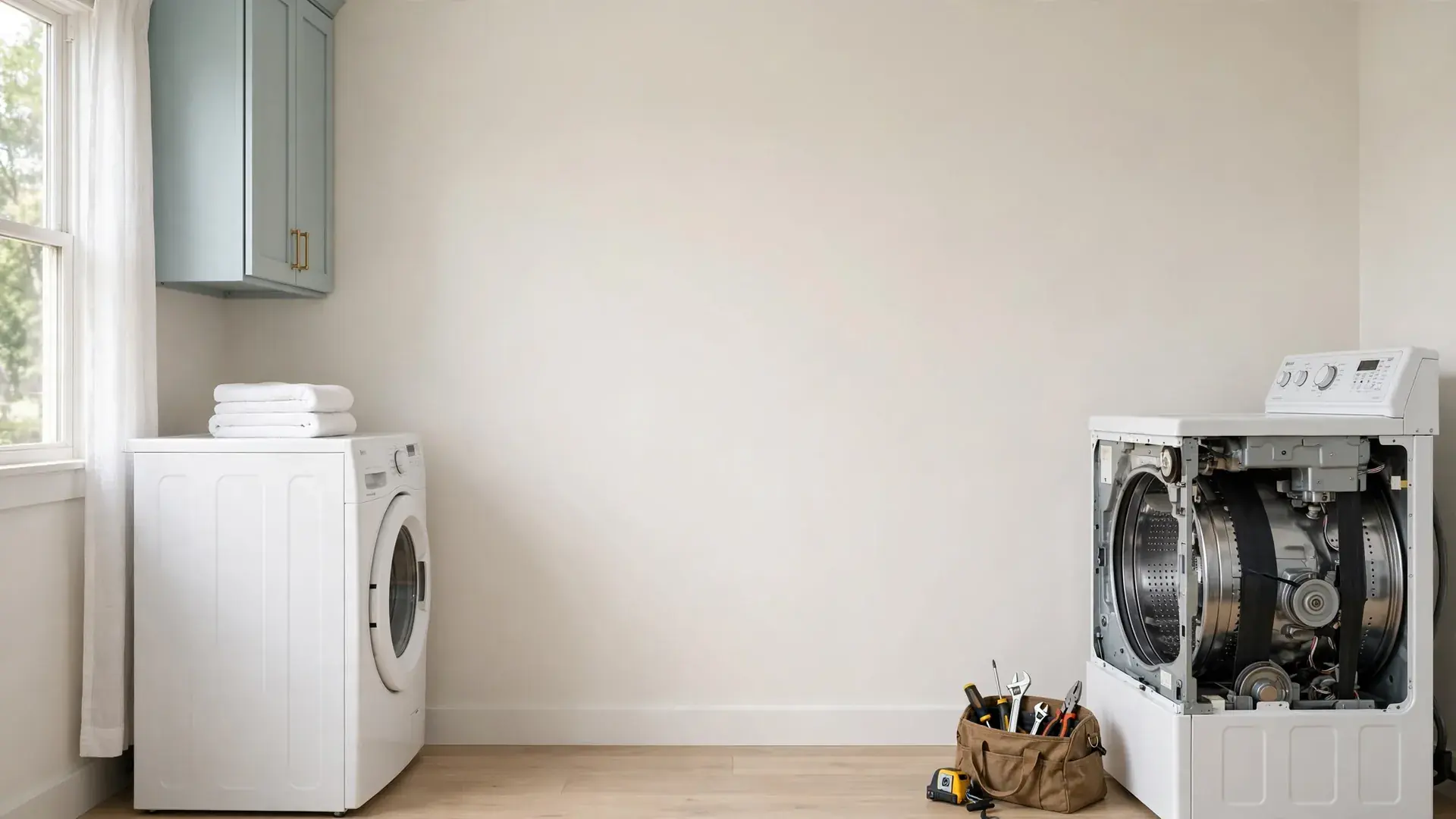 Front panel of a clothes dryer open in a tidy laundry room