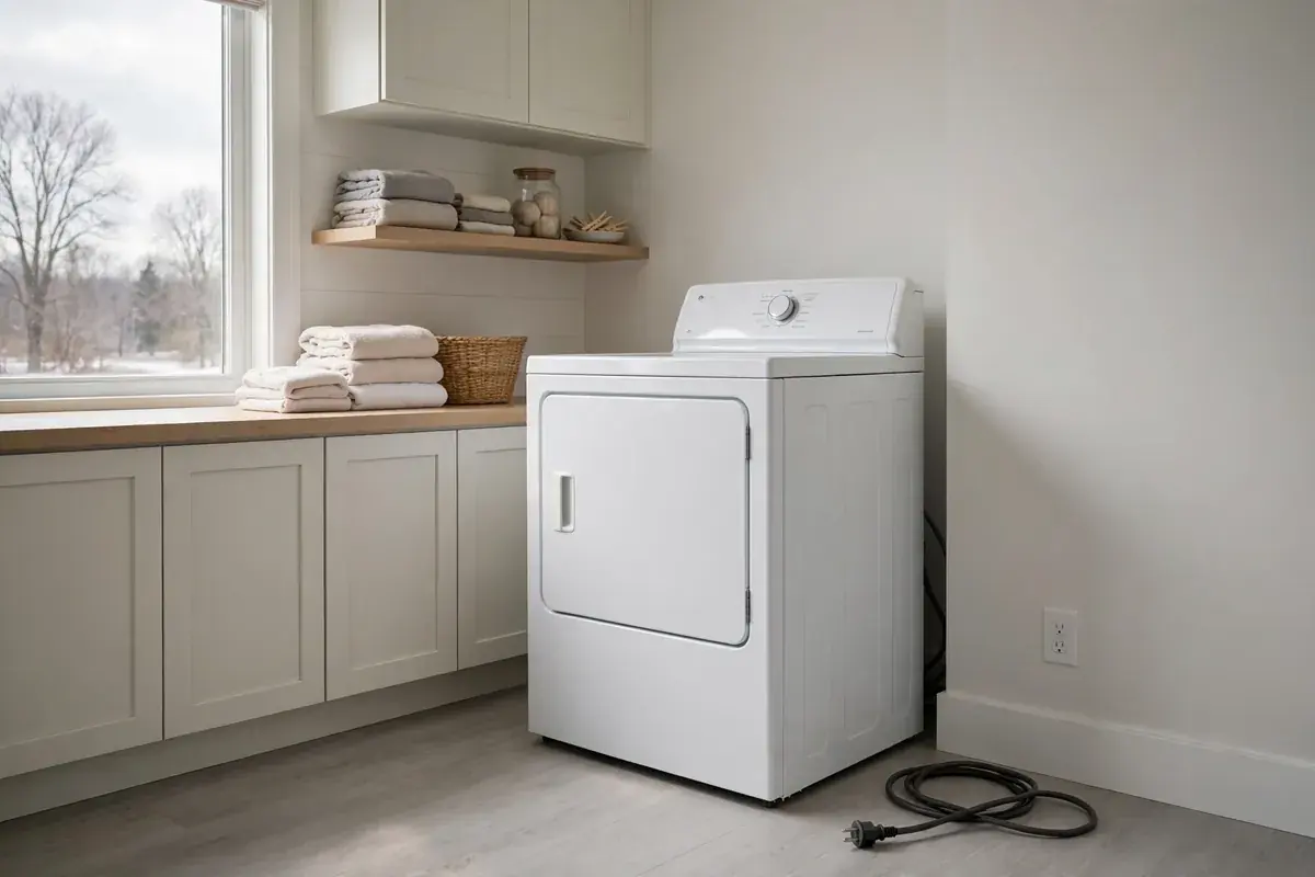 Unplugged dryer power cord lying beside a wall outlet in a laundry room