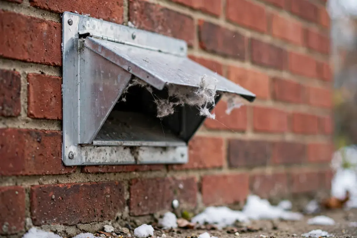Outdoor dryer vent hood on a brick wall with lint caught at the flap
