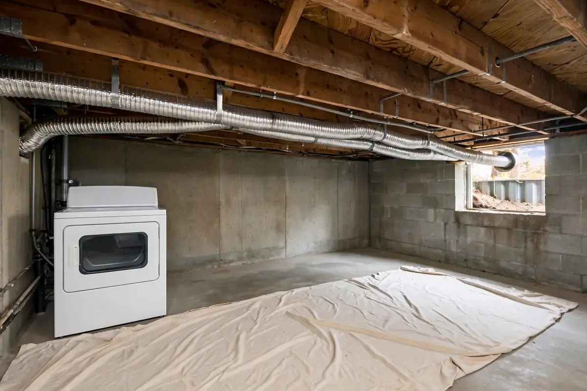 Basement ceiling with a long flexible dryer duct running along the joists