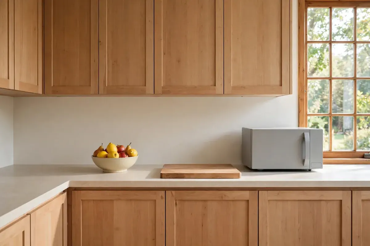 Countertop microwave on a kitchen counter beside a window