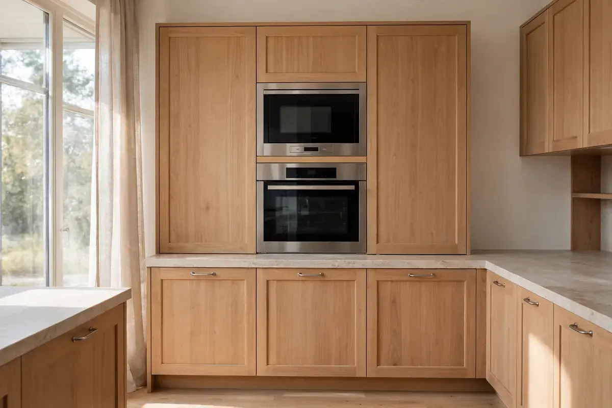Built in microwave set into a wood cabinet wall beside a wall oven