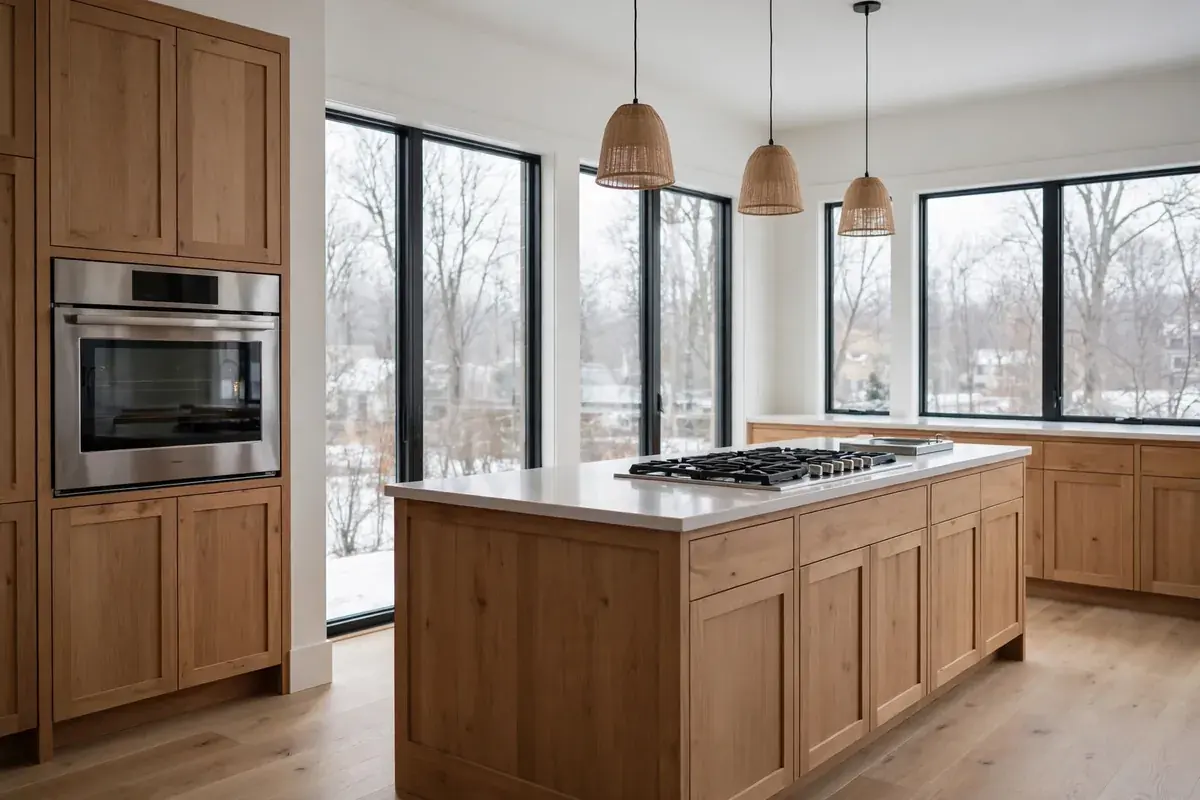 Kitchen with a wall oven and gas cooktop on an island in winter light