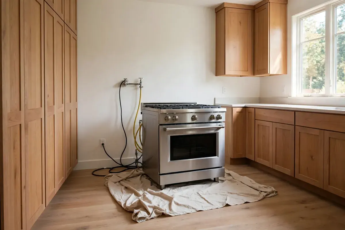 Freestanding range pulled out from the wall with a drop cloth on the floor