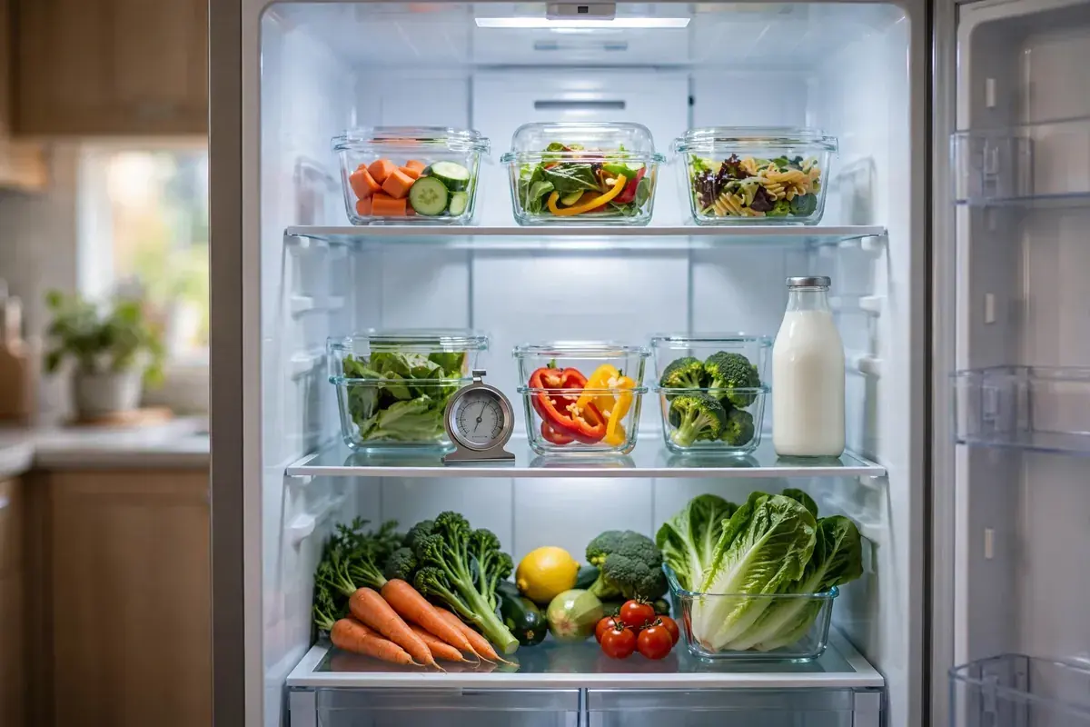 Open refrigerator interior with an appliance thermometer on the middle shelf
