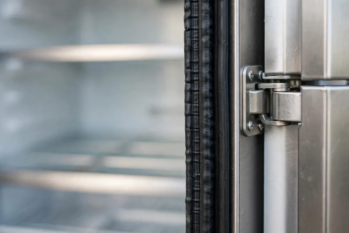 Refrigerator door gasket and hinge edge in close-up