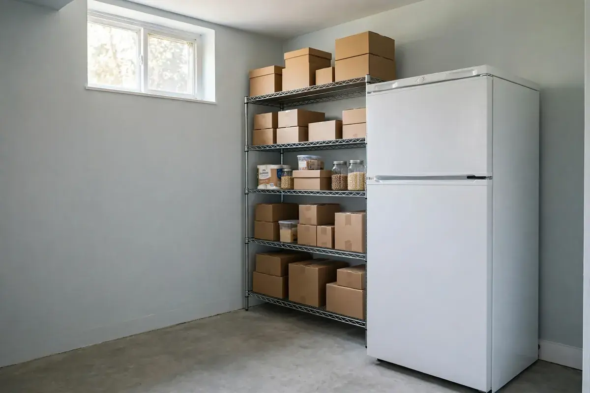 Basement corner with an upright freezer and shelves of boxed food