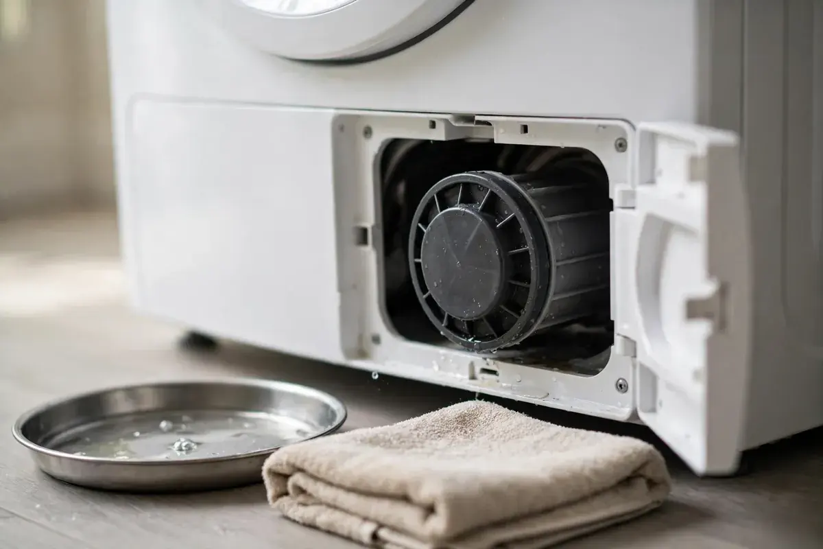 Front load washer pump filter access panel open with a shallow pan and towel below