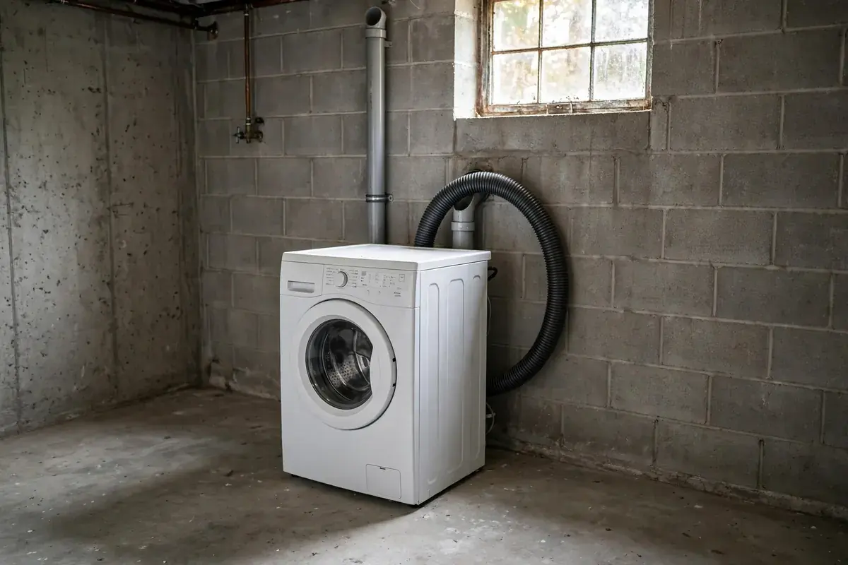 Washer pulled forward from the wall showing the drain hose and standpipe