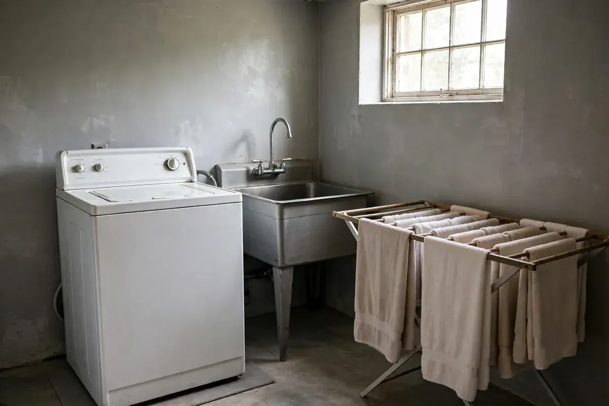 Older top load washer in a basement laundry corner with a utility sink